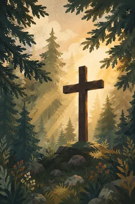 Wooden Cross in Evergreen Sun Rays