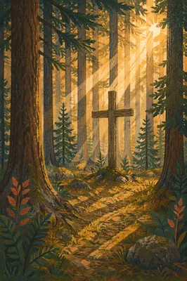 Wooden Cross in Sunlit Evergreen Forest
