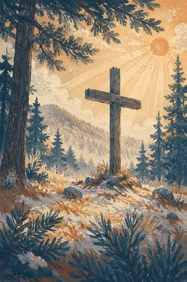 Weathered Cross in Evergreen Morning Rays