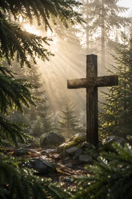 Wooden Cross in Misty Evergreen Light