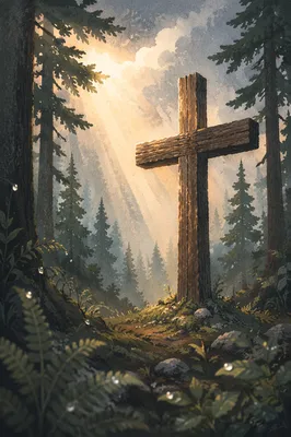 Wooden Cross in Evergreen Sunbeams