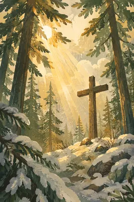 Wooden Cross Beneath Evergreen Light Rays