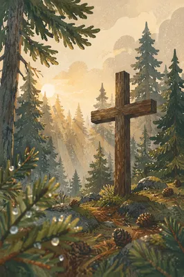 Wooden Cross in Evergreen Morning Light