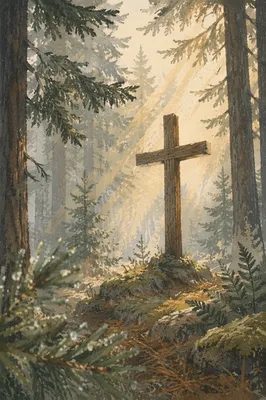 Wooden Cross in Evergreen Morning Light Rays