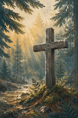 Wooden Cross in Evergreen Morning Rays