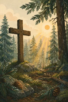 Wooden Cross in Misty Evergreen Light