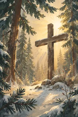 Wooden Cross Illuminated in Evergreen Forest
