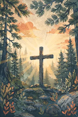 Wooden Cross in Evergreen Morning Light