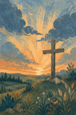 Wooden Cross Beneath Golden Sunset Rays