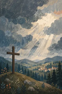 Wooden Cross Under Storm Cloud Sunbeams