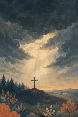 Wooden Cross Beneath Stormlit Heavenly Rays