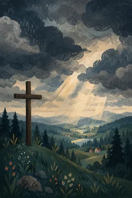 Wooden Cross Beneath Stormbreak Light Rays