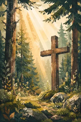 Wooden Cross in Evergreen Light Rays