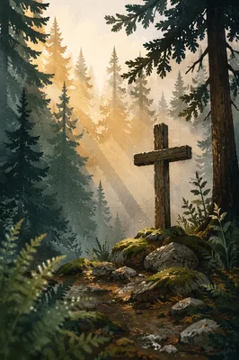 Wooden Cross in Evergreen Morning Light