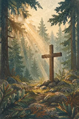 Wooden Cross with Sun Rays in Evergreen Forest