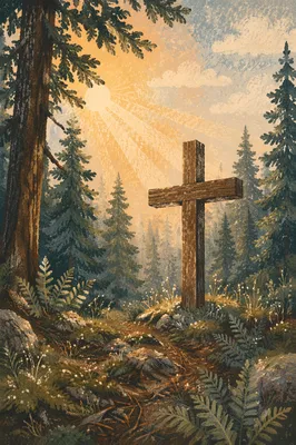 Wooden Cross in Evergreen Dawn Light