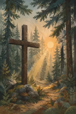 Wooden Cross with Sunrise Rays in Evergreens
