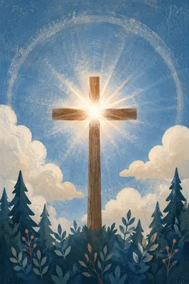 Wooden Cross with Radiant Sky Light