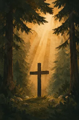 Wooden Cross with Light Rays in Evergreens