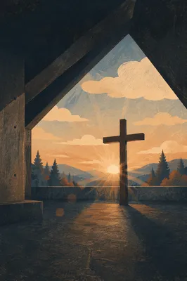 Wooden Cross with Sunset Light Rays