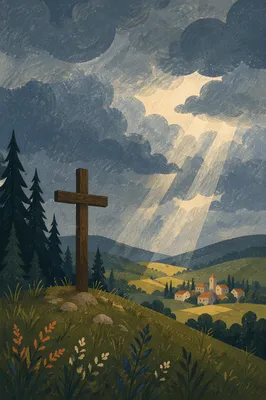 Wooden Cross Beneath Breaking Storm Light