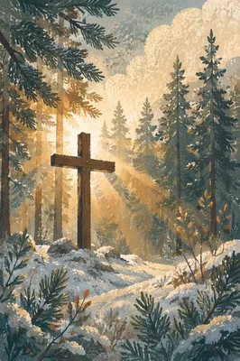 Wooden Cross in Evergreen Morning Light