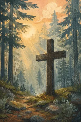 Wooden Cross in Evergreen Morning Rays