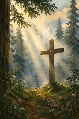 Wooden Cross in Evergreen Light Rays