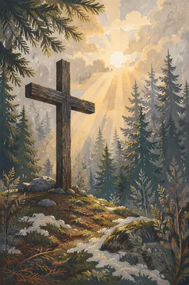 Wooden Cross in Evergreen Morning Light