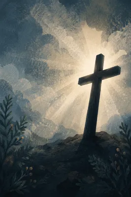 Wooden Cross with Light Rays and Evergreen