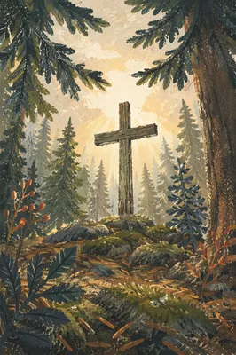 Evergreen Cross with Morning Light Rays