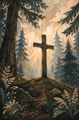 Wooden Cross in Evergreen Morning Light