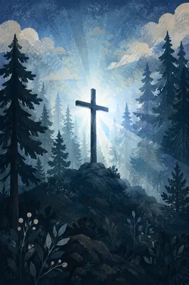 Wooden Cross in Evergreen Sunrise Rays