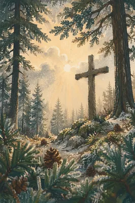 Wooden Cross in Evergreen Morning Rays