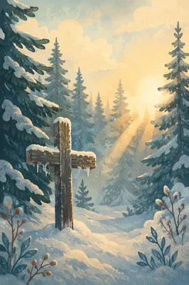 Wooden Cross in Snowy Evergreen Light