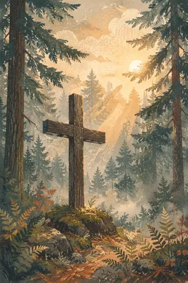 Wooden Cross in Misty Evergreen Light