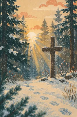 Wooden Cross in Evergreen Light Rays