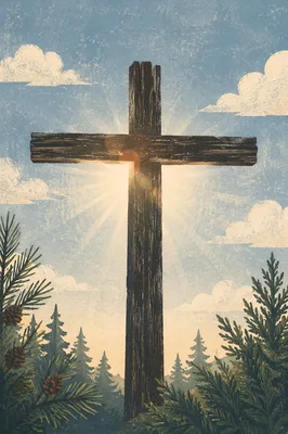 Wooden Cross with Radiant Evergreen Light