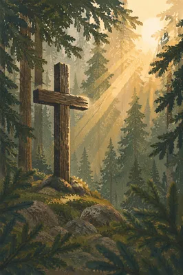 Wooden Cross in Evergreen Morning Light