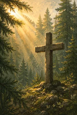 Wooden Cross in Evergreen Morning Light