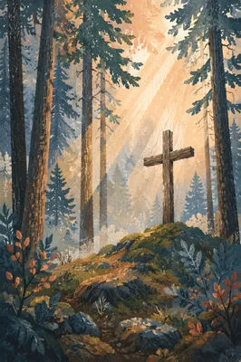 Wooden Cross in Evergreen Dawn Rays