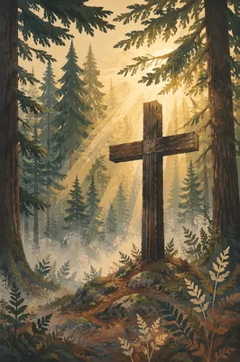 Wooden Cross in Evergreen Morning Light