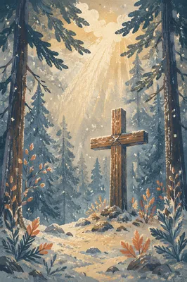 Evergreen Cross with Dawn Light Rays