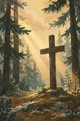 Wooden Cross in Evergreen Morning Light