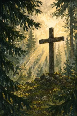 Wooden Cross in Evergreen Morning Light