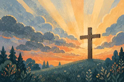 Wooden Cross with Sunset Light Rays
