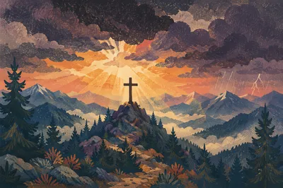 Wooden Cross Beneath Stormy Mountain Light Rays
