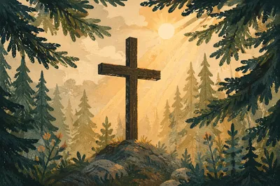 Wooden Cross in Evergreen Light Rays