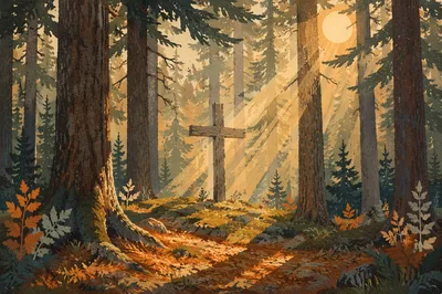 Wooden Cross in Evergreen Light Rays