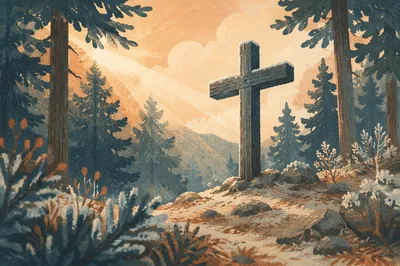 Wooden Cross in Evergreen Morning Light